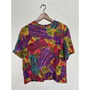 Vintage George Georgiou women's multicolor silk blouse short sleeve artsy 80s M